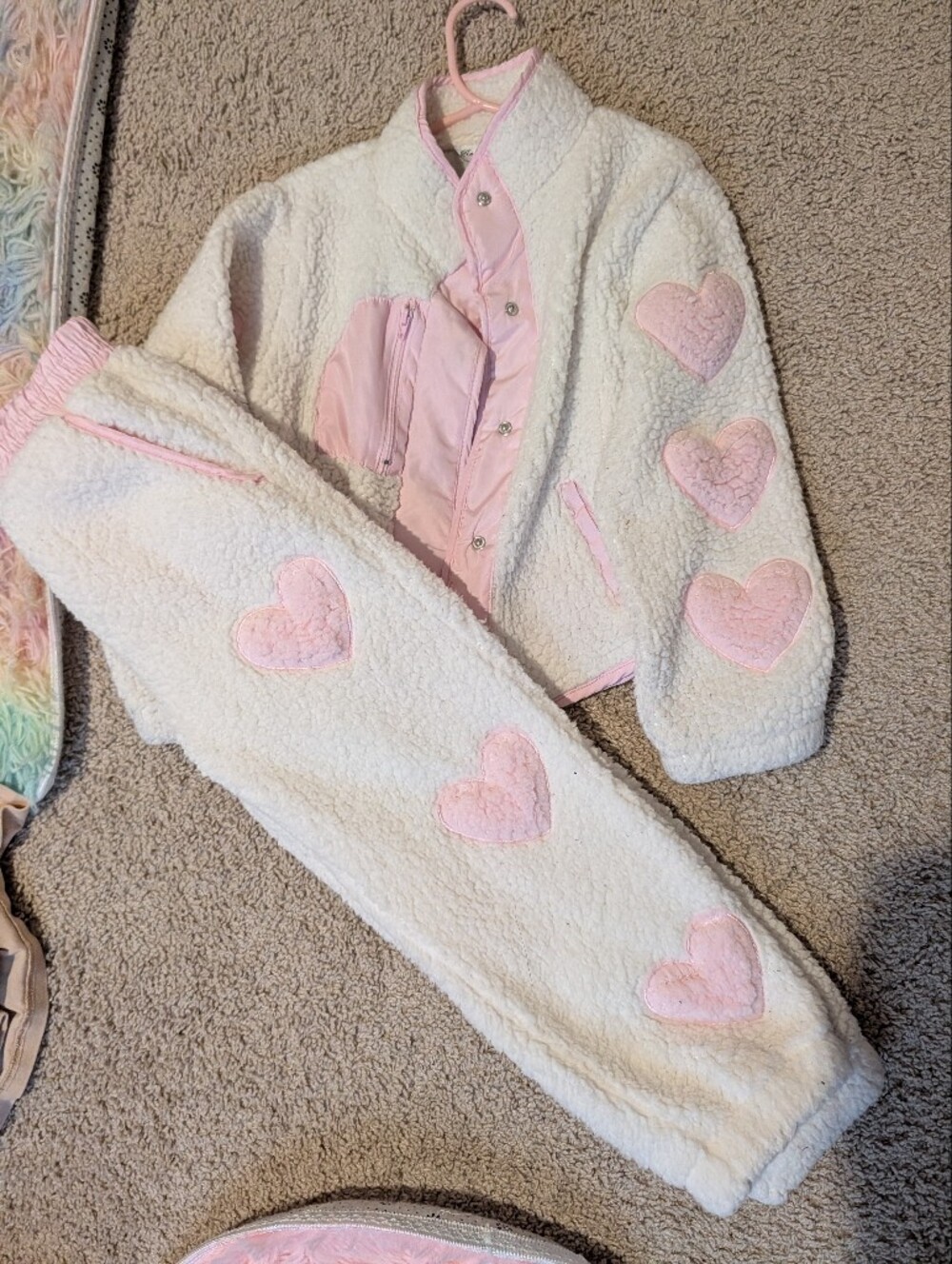 Cozy White Sherpa Kids Set with Pink Heart Accents